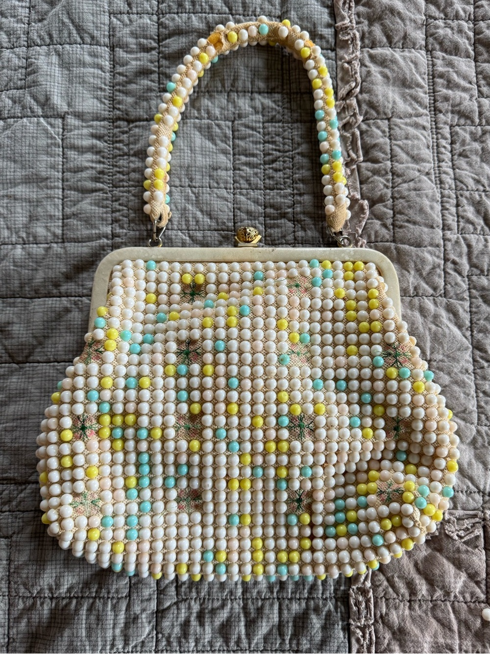 Vintage Beaded Accent White Handbag with Yellow & Aqua Details